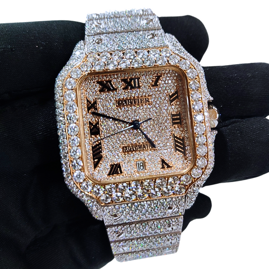 Iced-Out VVS Diamonds Test Certified Rose-Gold Roman-Numerals 40mm Custom Watch