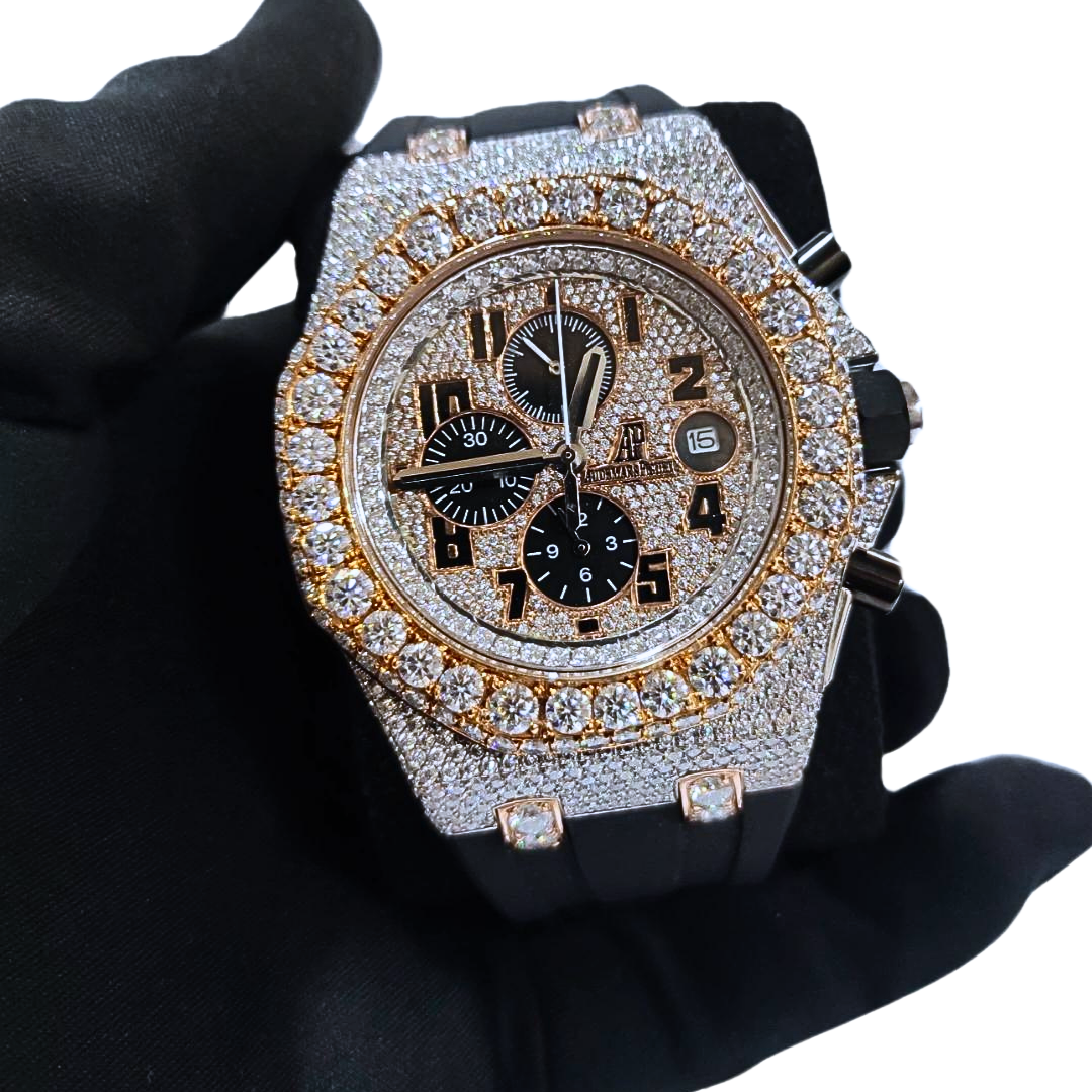 Bust-Down Face VVS Diamonds Test Certified Rose-Gold Black-Band 42mm Custom Watch